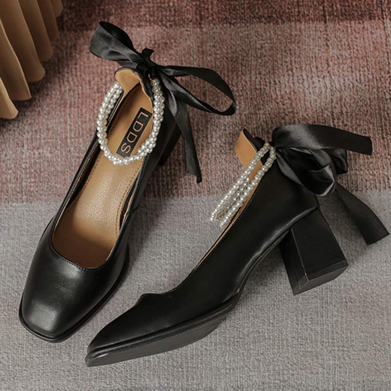 Elegant Pearl Bow High-heeled Shoes Modakawa