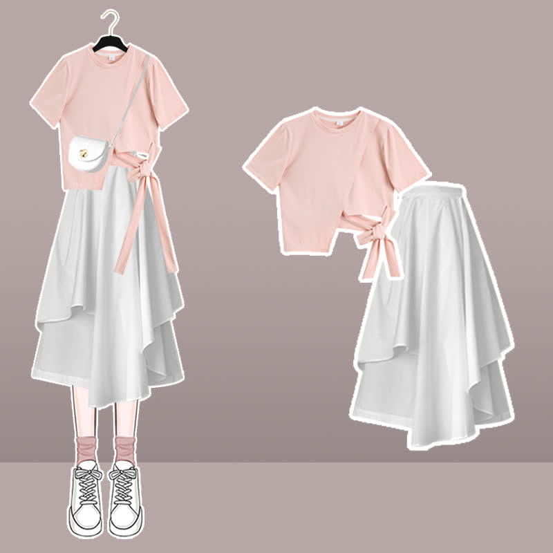 Bow Round Collar Bowknot Crop T-Shirt Irregular Skirt modakawa