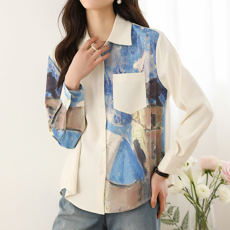 Irregular Printing Chiffon Pocket Lapel Shirt modakawa