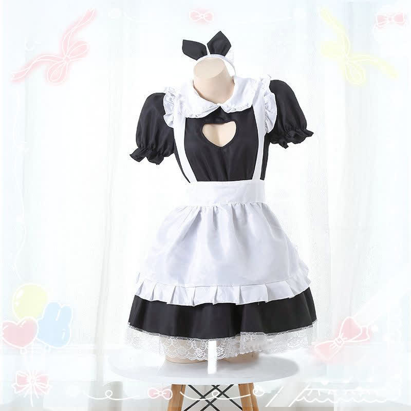 Sweet Love Heart Hollow Out Ruffled Maid Dress Modakawa