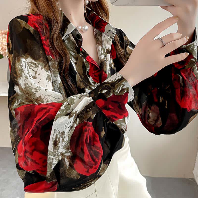 Vintage Red Floral Print Puff Sleeve Shirt Workwear modakawa