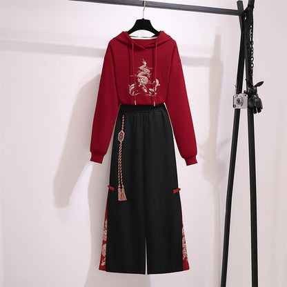 Red Vintage Dragon Hoodie Wide Leg Split Pants Modakawa