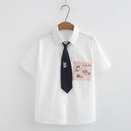 College Style T-Shirt Sweet Pocket Cat Embroidered Tie Modakawa