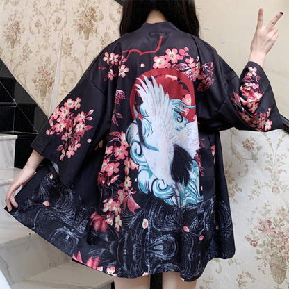 Vintage Crane Sakura Floral Print Cardigan Kimono Outerwear modakawa