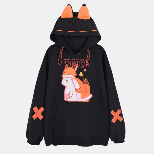 Fox Embroidery Pocket Loose Hoodie modakawa