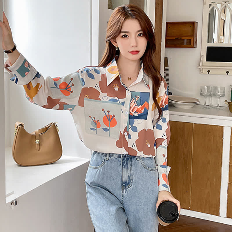 Colorblock Floral Print Casual Shirt modakawa