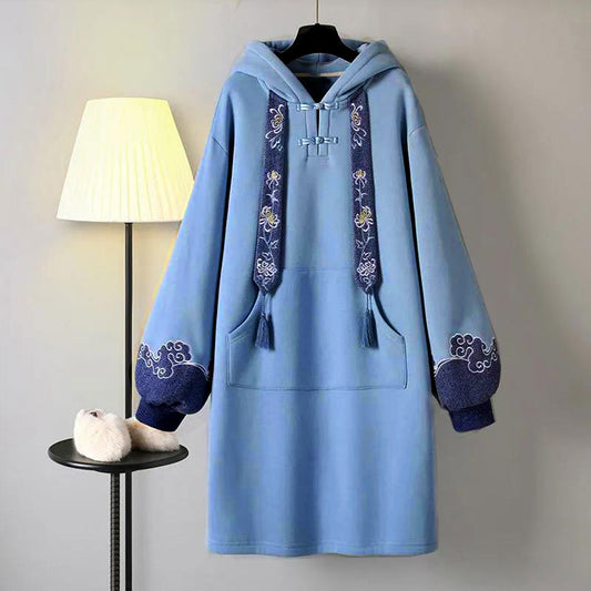 Blue Embroidery Loose Hoodie Vintage Sweatshirt Dress Modakawa