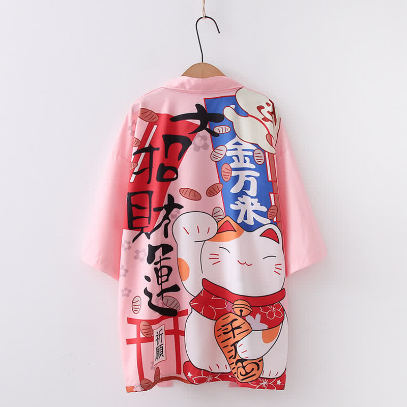 Lucky Cat Letter Print Cardigan Kimono Outerwear modakawa