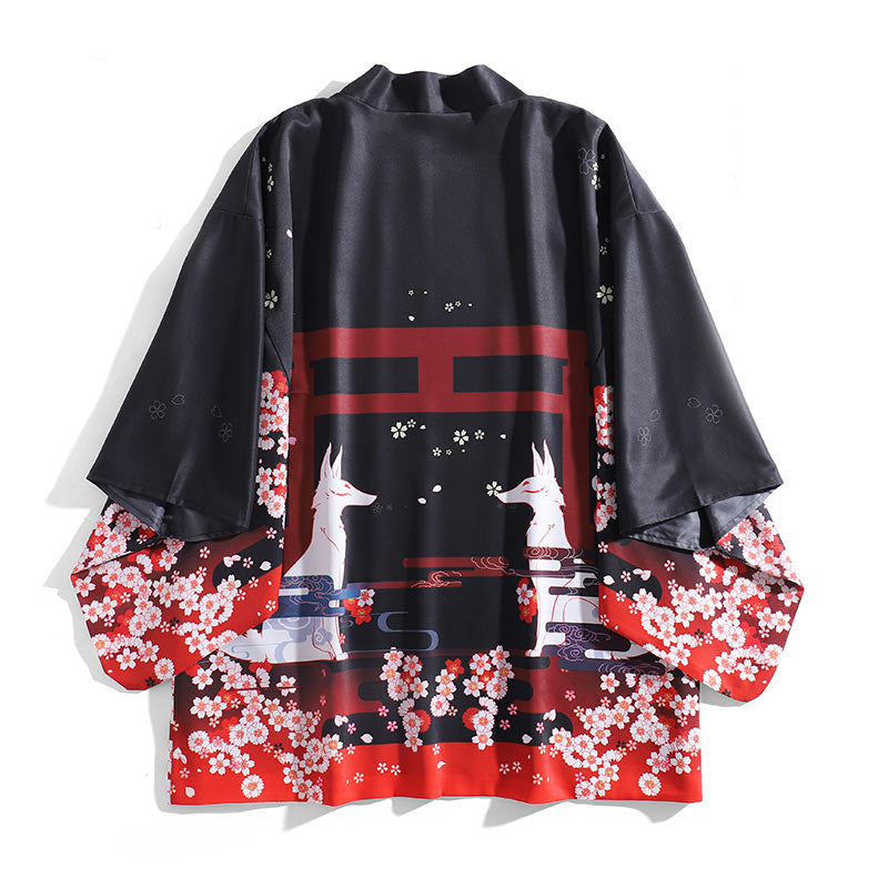 Fox Sakura Print Loose Cardigan Kimono Outerwear Modakawa