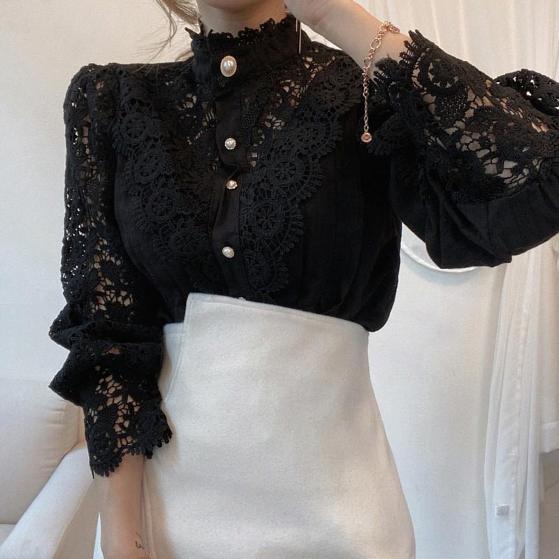 Elegant Pearl Hollow Out Lace Shirt Modakawa