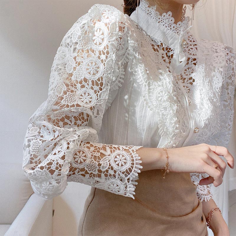 Elegant Pearl Hollow Out Lace Shirt Modakawa