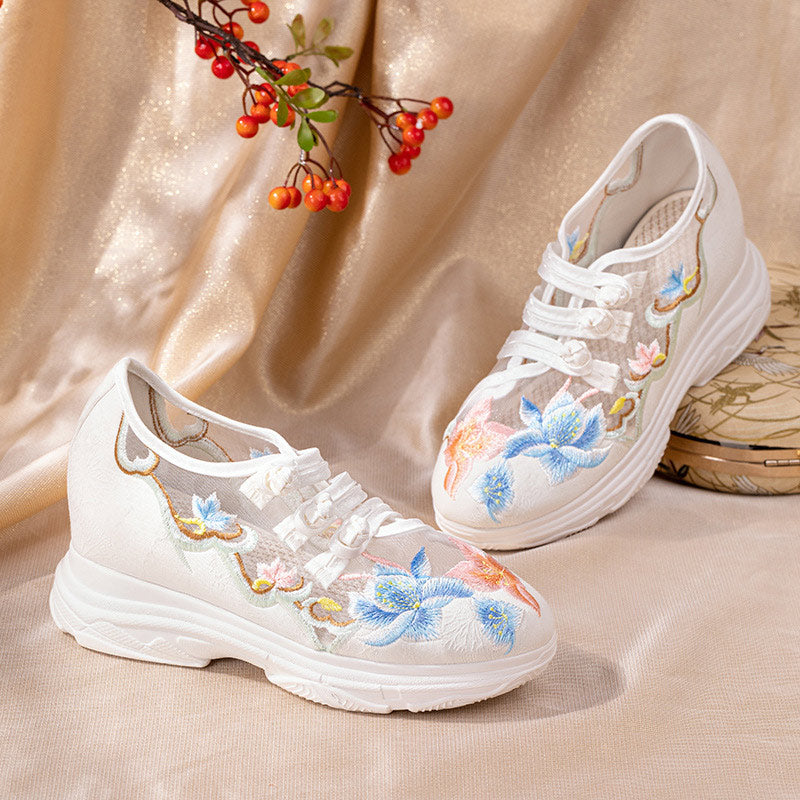 Sweet Blossom Print Buckle Mesh Platform High Heels Shoes Modakawa