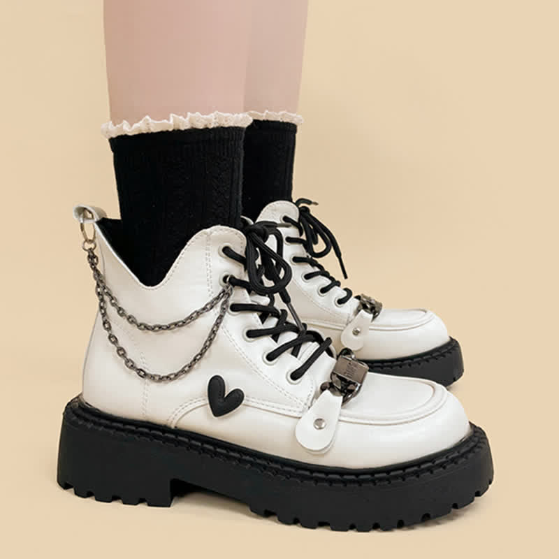 Chain Decor Love Heart Platform Round White Toe Boots modakawa