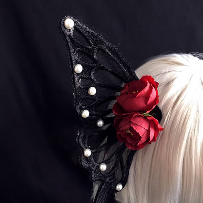 Elegant Butterfly Pearl Rose Hair Clip Halloween Hair Accessory modakawa