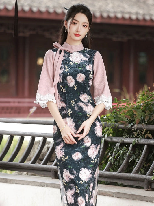 Ribbon Mid Sleeve Long Cheongsam Hanfu Story