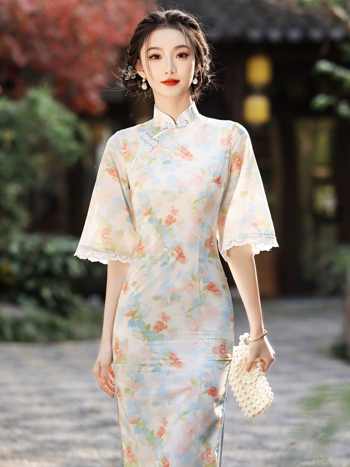 Spring Floral Wide Sleeve Long Cheongsam Hanfu Story