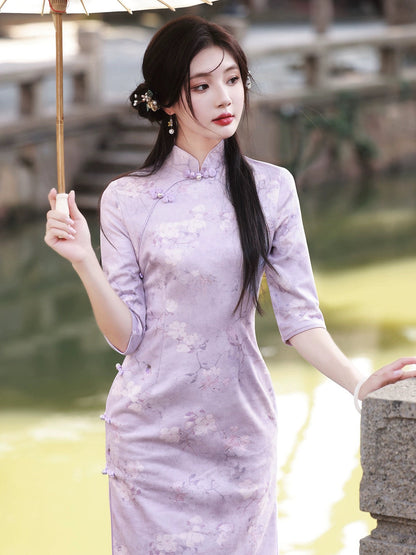 Classic Purple Floral Cheongsam Hanfu Story