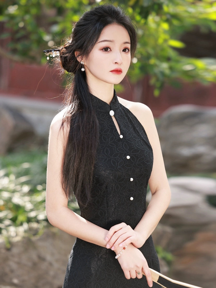 Black Elegant Sleeveless Long Cheongsam Hanfu Story