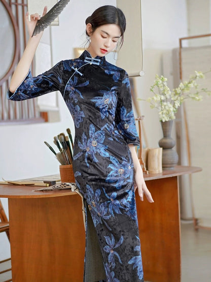 Blue Floral Cheongsam Dress Hanfu Story