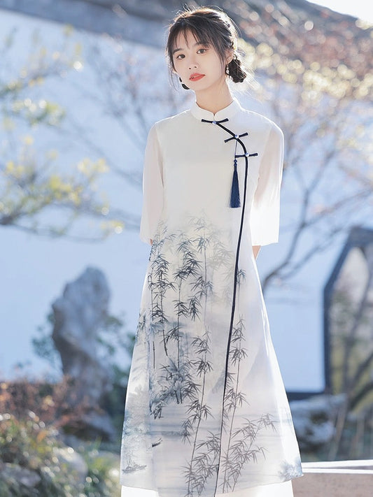 White Elegant Wide Sleeve Long Cheongsam Hanfu Story