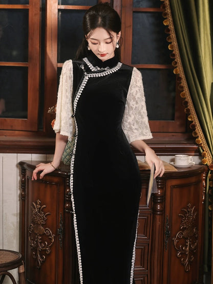 Vintage Lace Sleeve Long Cheongsam Hanfu Story