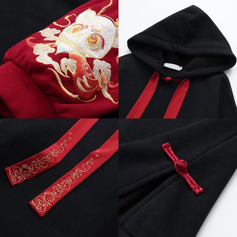 Stylish Dragon Embroidery Colorblock Hoodie Skirt Set Modakawa