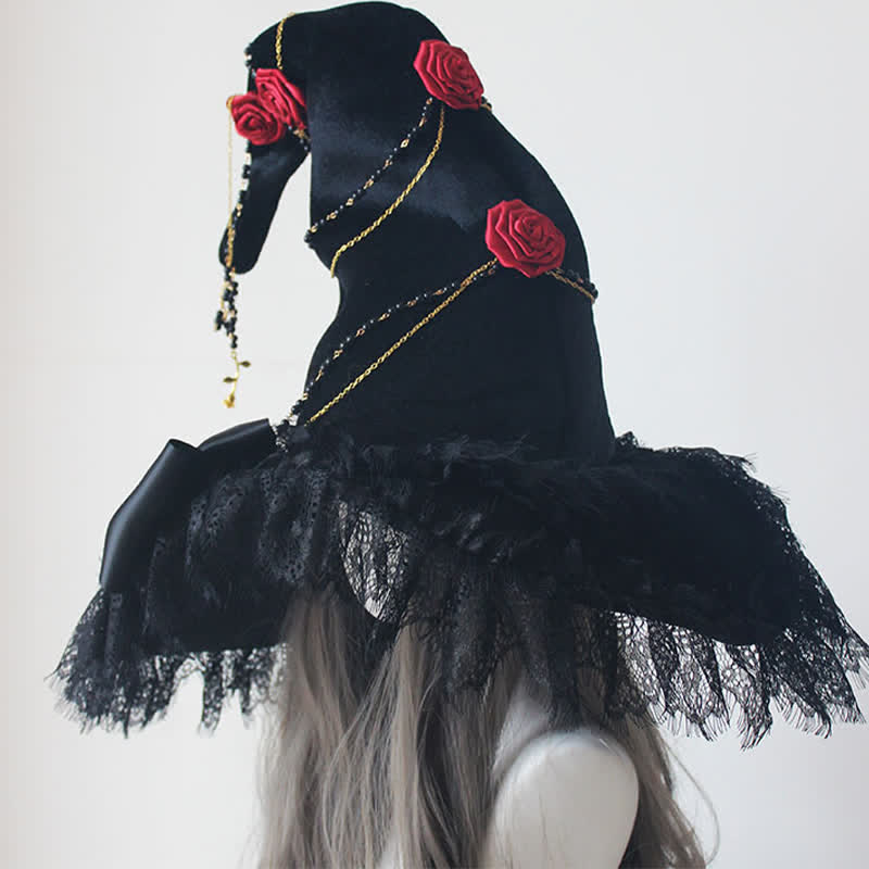 Black Witch Gothic Rose Decor Lace Hat modakawa