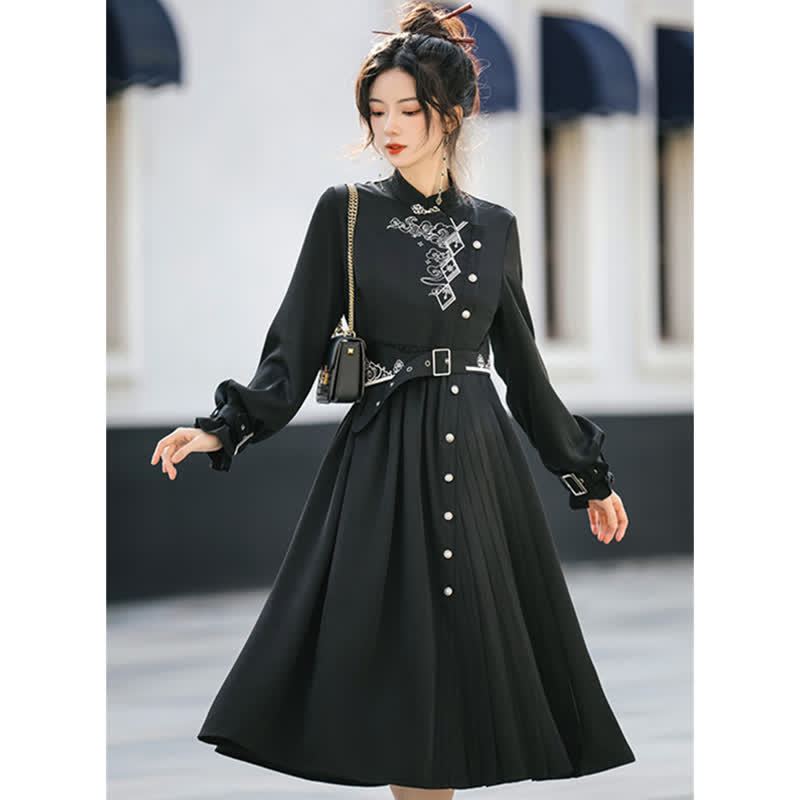 Elegant Black Vintage Embroidery Belted Pleated Dress modakawa