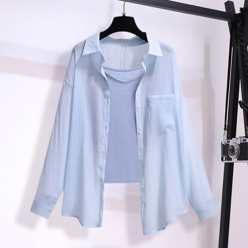 Blue Lapel Shirt Cami Top Ripped Denim Shorts modakawa