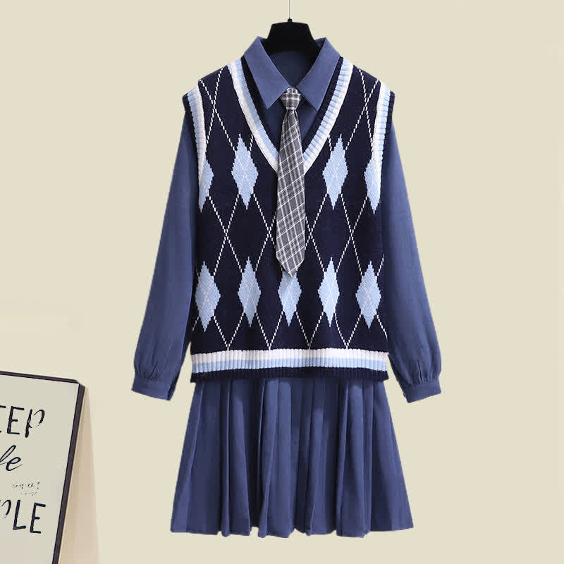 Lapel Tie Pleated Shirt Dress Rhombus Print Vest Set modakawa