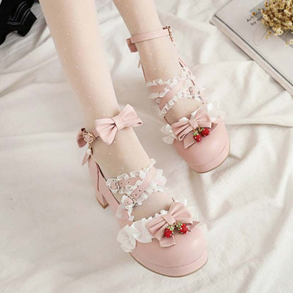 Kawaii Lace Bow Lolita Kitten Heel Mary Janes Shoes Modakawa