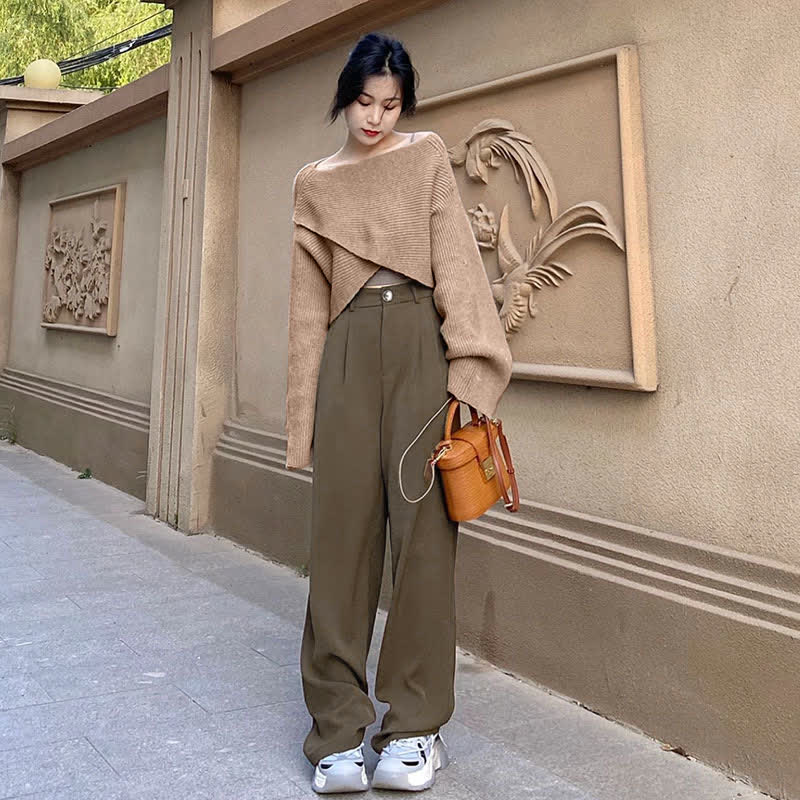 Cross Knit Sweater Lapel Shirt High Waist Pants Set Modakawa