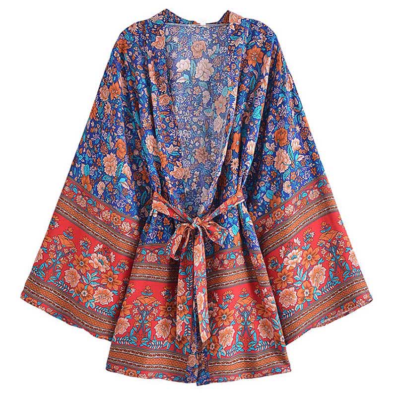 Boho Flower Print Belt Cardigan Outerwear modakawa