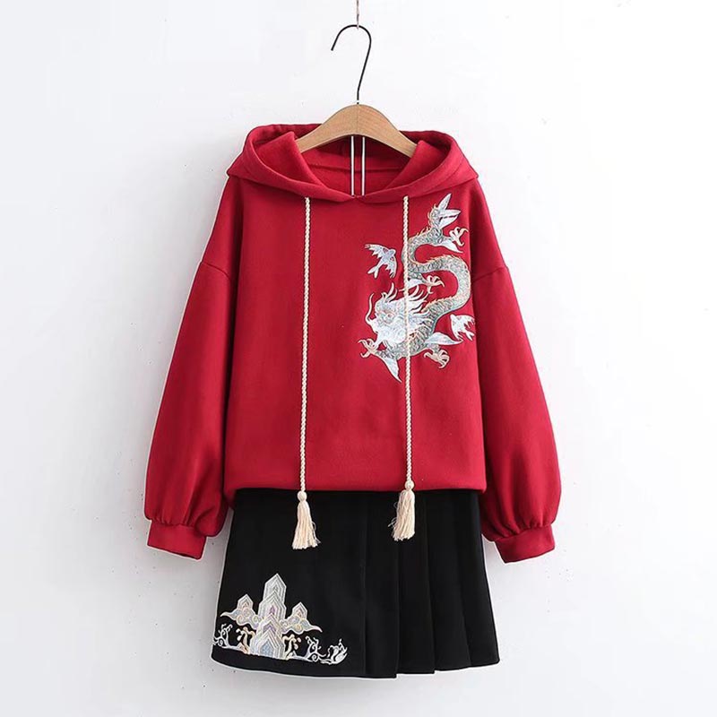 Vintage Dragon Embroidery Hoodie Skirt Set modakawa