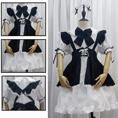 Neutral Lace Up Ruffled Maid Dress With Bow Tie Modakawa