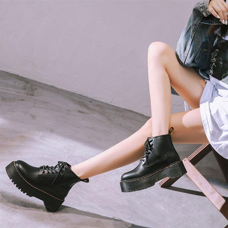 Leather Platform Lace Up Round Toe Martin Boots Modakawa