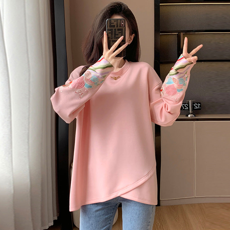 Pink Embroidery Round Collar Sweatshirt Modakawa