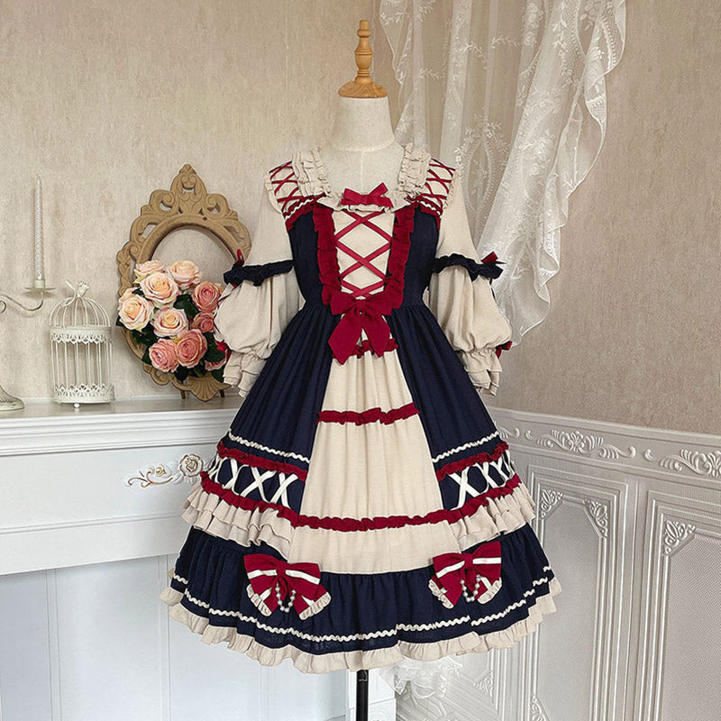 Red Bow Knot Decor Lace Up Lolita Dress modakawa