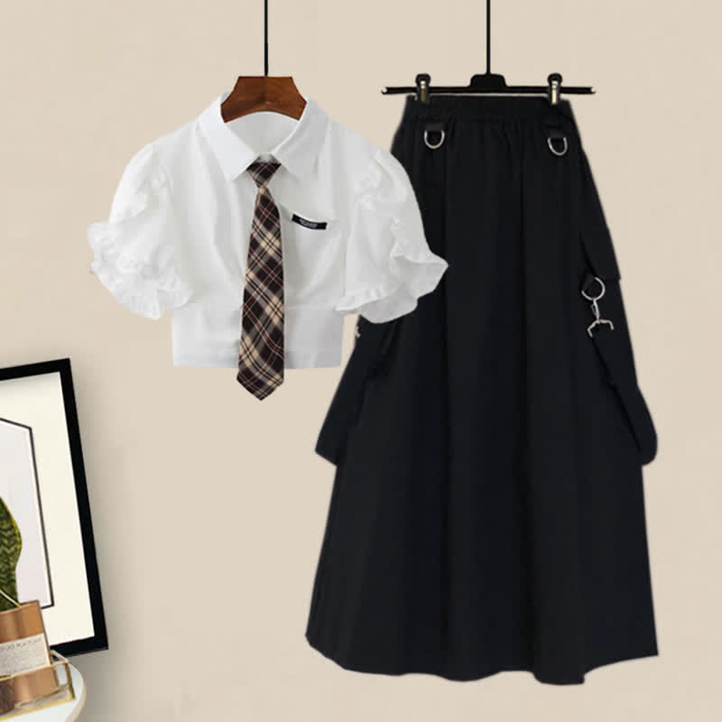 Pocket Lapel Tie T-Shirt Suspender Skirt Set modakawa