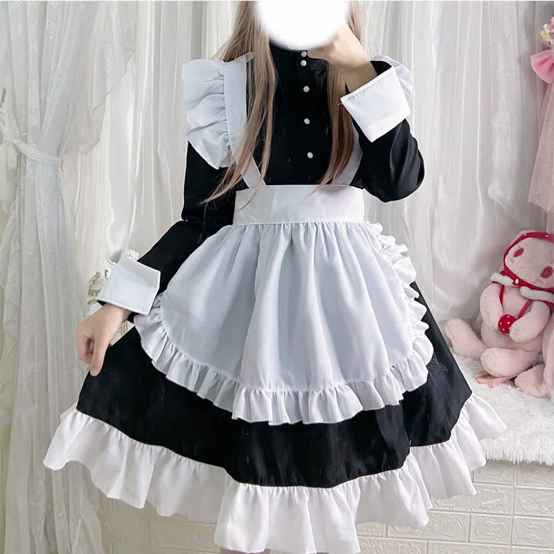 Black Button Long Sleeve Ruffled Lolita Maid Dress Modakawa