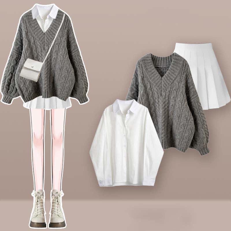 V-neck Cable Sweater Lapel Shirt Pleated Skirt Set modakawa