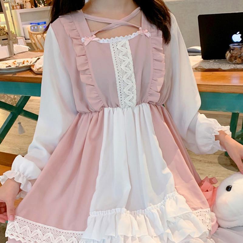 Sweet Pink Ruffle Hem Stitching Dress Modakawa