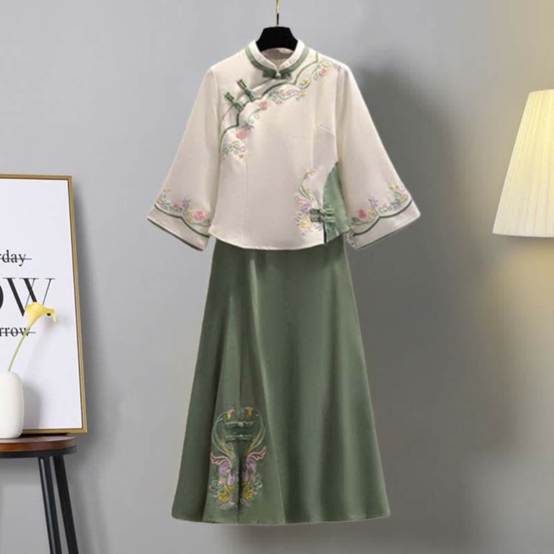 Floral Embroidery Buckle Vintage Top Skirt Set Modakawa