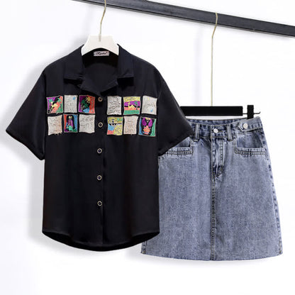 Embroidery Loose Laple T-Shirt Denim Skirt modakawa