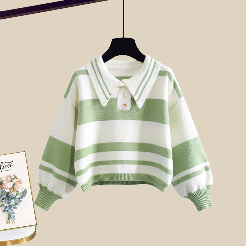 Stripe Green Colorblock Sweater Slip Dres Set modakawa