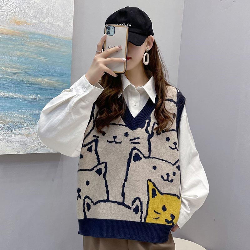 Cute Kitty Print Vest Lace Up Shirt Set Modakawa