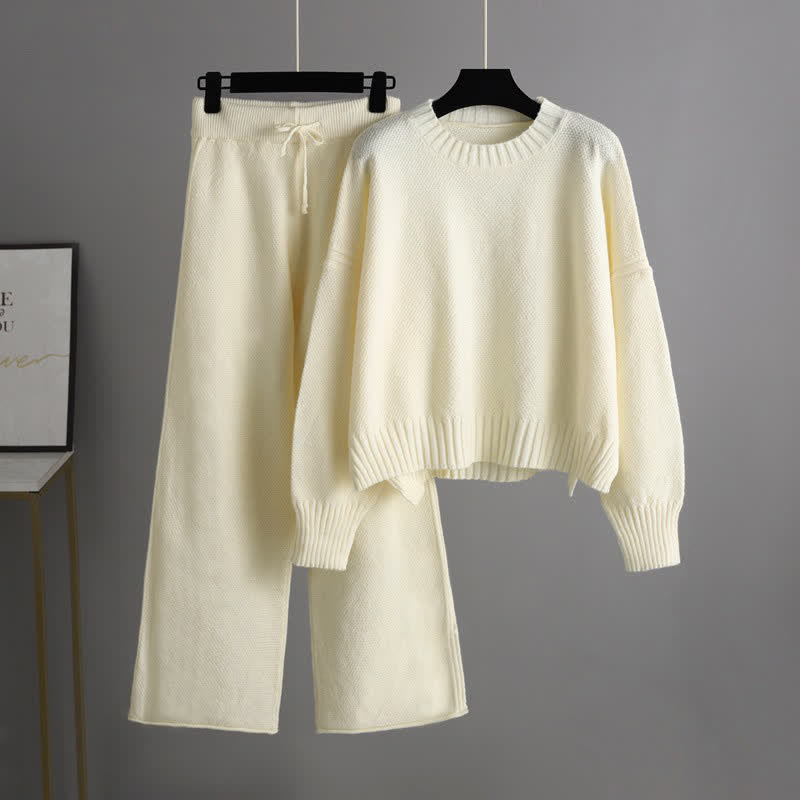 Pure Color Knit Sweater Wide Leg Pants Set modakawa