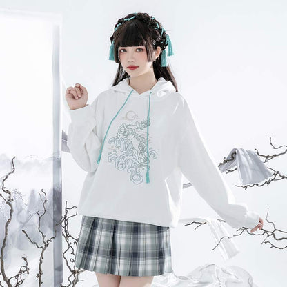 Couple Deer Embroidery Loose Hoodie Dress Modakawa