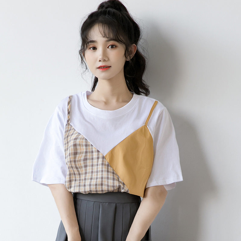 Sweet Plaid Color Block Fake Two Piece T-Shirt modakawa