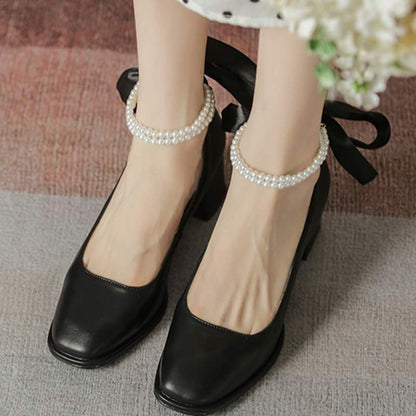 Elegant Pearl Bow High-heeled Shoes Modakawa